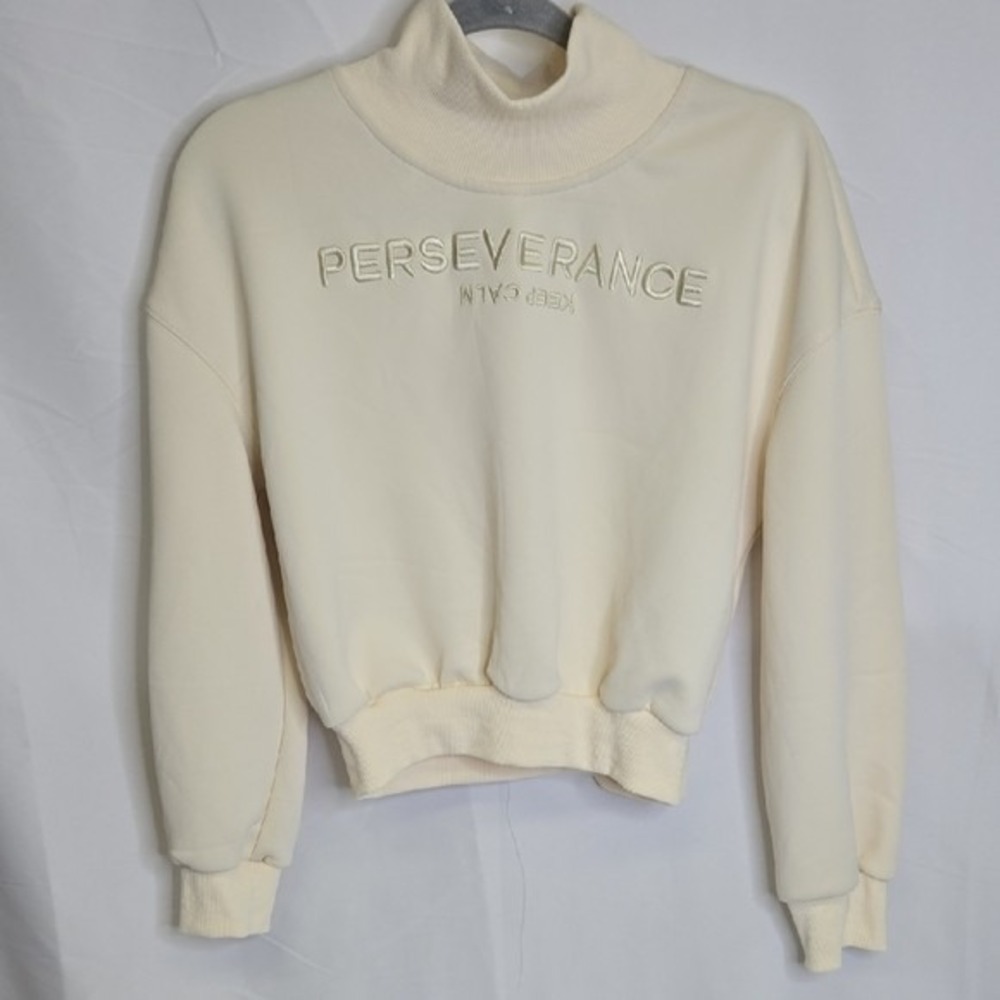 Dazy Perseverance Cropped Sweatshirt, Minimalist Casual Streetwear, Cream, Small